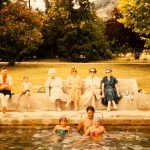 Family enjoying the pool at Landscape.
In the pool - Sandy Nevile with 2 girls. Sittin on edge of pool unknown. Seated - Colin Swan, unknown boy, older lady unknown, Jane Nevile, Molly Webb and unknown lady.